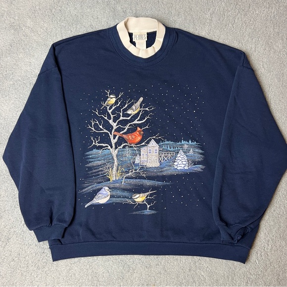 Vintage Tops - Vintage Winter Scene Double Collar Navy Blue Size Large